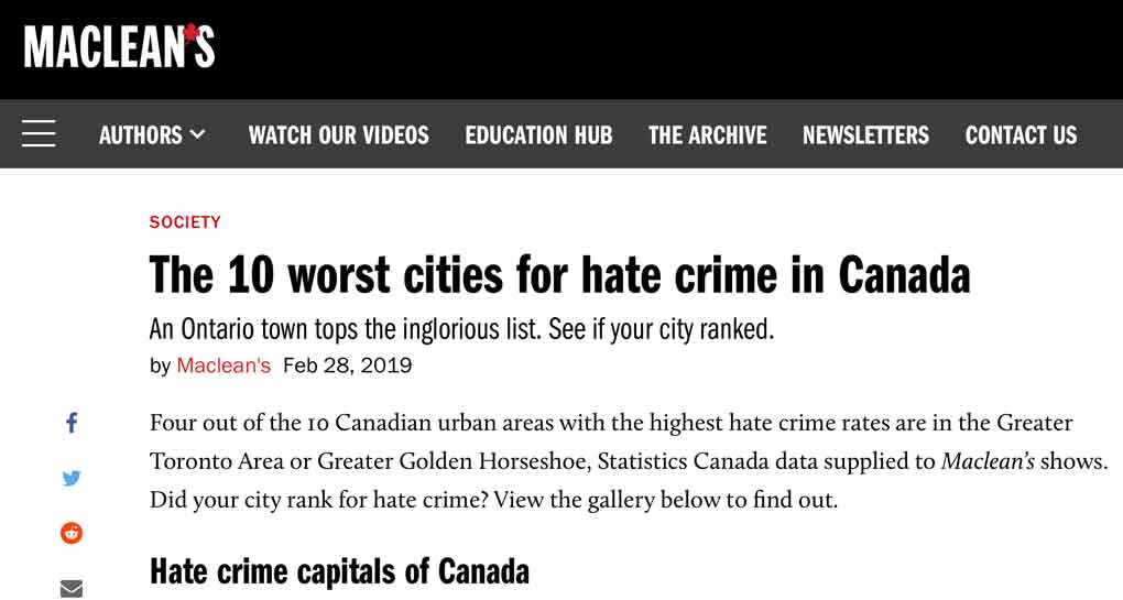 Top Ten Hate Crime Cities