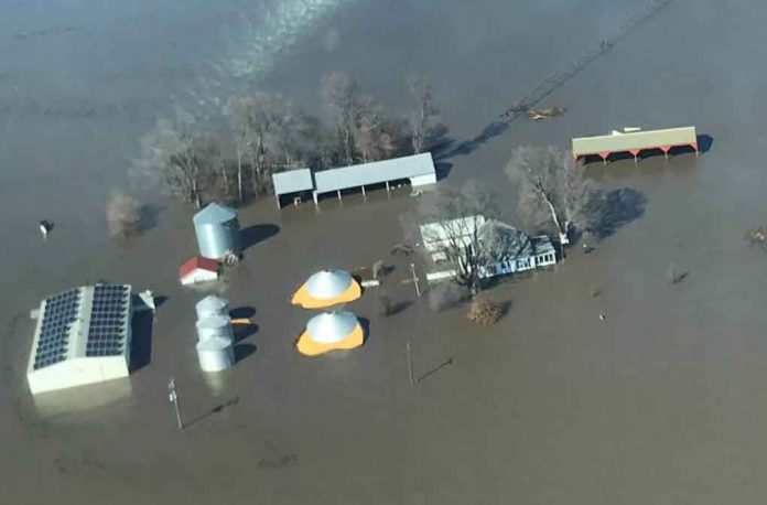 The flooded farm of Richard Oswald is seen in an aerial photo taken near Langdon, Missouri, March 20, 2019. Courtesy of Richard Oswald/Handout via REUTERS.