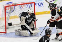 Thunder Bay Kings Drop 3-0 to Unbeaten Magog Cantonniers Eric Vanska takes a shot of the upper chest early in the 2nd period, while down 1-0