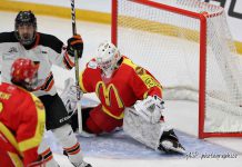 Quebec Takes Halifax in Telus Cup Action Tristan Roy celebrates Alexandre Doucet’s goal as he passes through the crease of Mac’s goaltender Jacob Goobie.