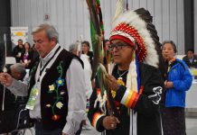 Grand Council Treaty #3 Leaders Declare State of Climate Emergency Couchiching First Nation Chief Brian Perrault and Ogichidaa Francis Kavanaugh, Grand Chief of Grand Council Treaty #3 at Grand Entry this morning at the Treaty #3 Spring Assembly being held in Couchiching First Nation.