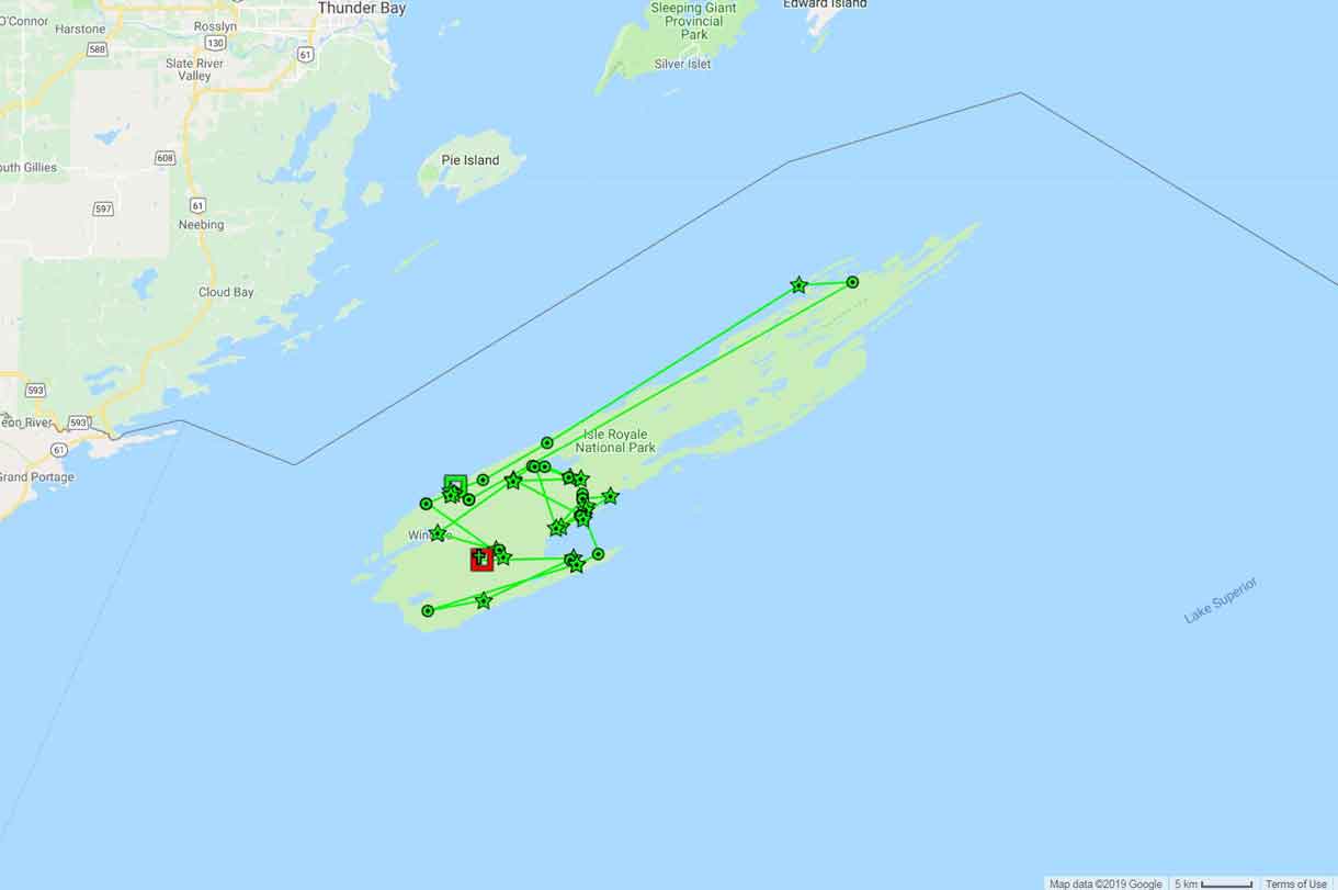 Locations of Isle Royale wolves