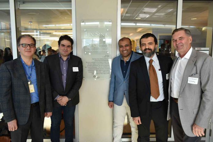 Celebrating the Grand Opening of the brand new Ibn Sina Simulation Lab, funded through the generosity of the Muslim Physicians who donated $500,000 to make this learning space come to life are, from left to right, Dr. Hassan Hassan, Dr. Walid Shahrour, Dr. Syed Zaki Ahmed, Dr. Yasser Labib and Dr. Stewart Kennedy. The Lab is named after Ibn Sina, a Muslim Physician, Astronomist and Philosopher, who was a father of early modern medicine.