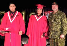Five Junior Canadian Rangers Graduate from Dennis Franklin Cromarty Tyler Tait, left, and Christyn Koostachin, centre, two of five Junior Canadian Rangers who have graduated from Dennis Franklin Cromarty High School in Thunder Bay, with Captain John McNeil, right, the Canadian Army officer commanding Junior Rangers in Northern Ontario - Photo Credit 2nd Lt. Jack Teskey