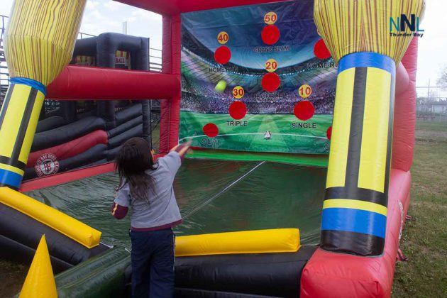 Lamarith tests out the kid's section at Thunder Bay Border Cat's game. The grade? A++++