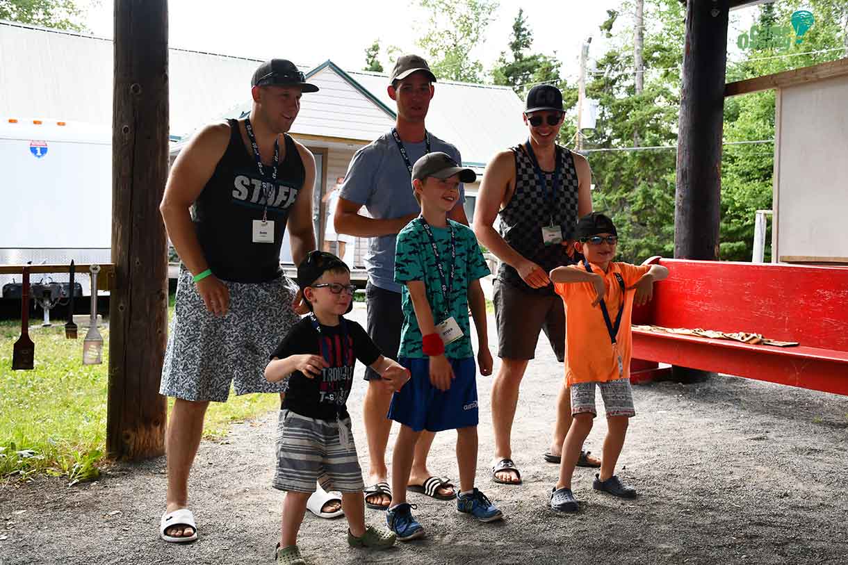 The boys from Cabin 10 show off their dance moves in their skit. Back row, from left: Volunteers Brett, Cole and Brady. Front row, from left: Campers Parker, Ryder and Hunter.