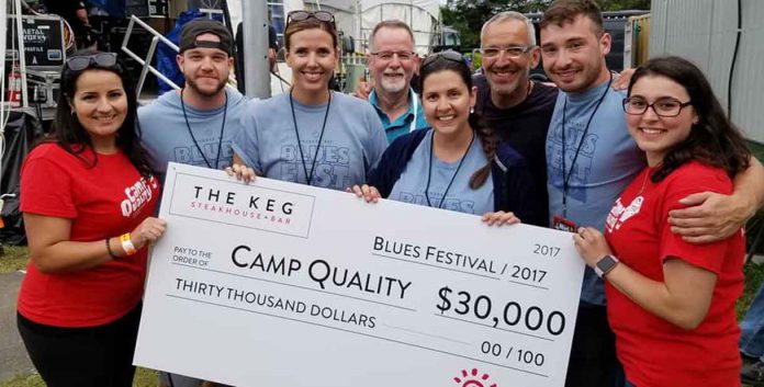 Members of The Keg presented $30,000 to Camp Quality Northwestern Ontario at last year's Blues Festival for the proceeds of the 2017 event. From left, Camp Quality's Rosa Carlino, The Keg's Nathan Difranco, Heather Sutherland, Bob Stewart, Tricia Del Paggio, Tom Pazianos and Joe Willis, and Camp Quality's Sam Stovel.