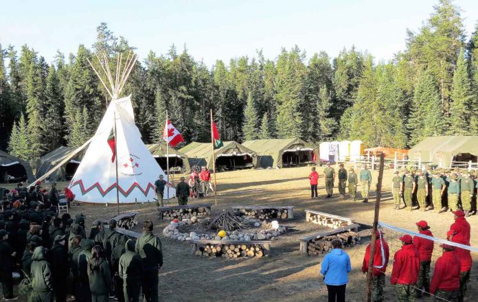 Junior Canadian Rangers are joined by Canadian Rangers and other members of the Canadian Armed Forces at the opening ceremony on the first day of last year's Camp Loon.