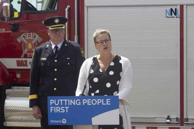 Christine Hogarth making announcement at the Thunder Bay Fire and Rescue Training Facility