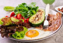 Should food consumers get on the keto bandwagon? Plate with a Fried egg, bacon, avocado, arugula and strawberries.
