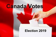 Close-up of human hand casting and inserting a vote and choosing and making a decision what he wants in polling box with Canada flag blended in background