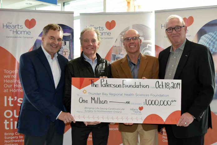The Paterson Foundation announced a $1 million donation to the Our Hearts at Home Cardiovascular Campaign to bring a full cardiovascular surgery program to Northwestern Ontario; beginning a new chapter in the region's health care history. Celebrating the donation are (l-r): Dr. Stewart Kennedy, Executive Vice President, Regional Programs, Clinical Supports and Medical Affairs, Thunder Bay Regional Health Sciences Centre; Robert Paterson, Director, The Paterson Foundation; Alexander Paterson, Director, The Paterson Foundation and Paul Fitzpatrick, Chair, Our Hearts At Home Cardiovascular Campaign.
