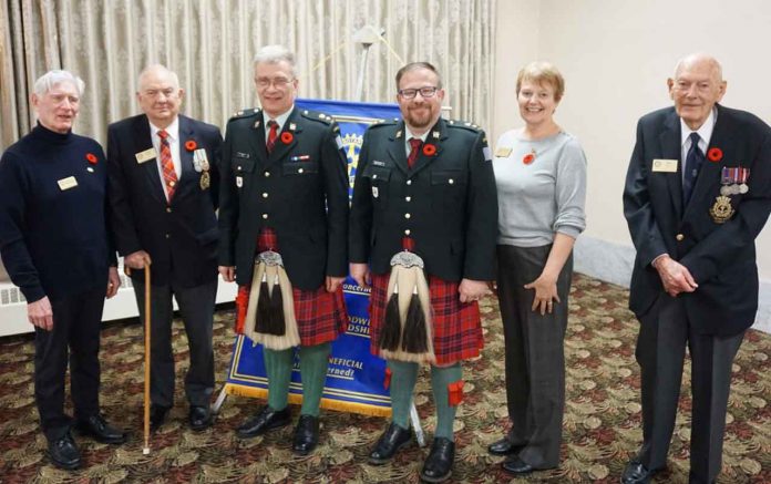 Pictured are the key participants today (L to R): Our thanks to all: President Rod Morrison, Don Smith (Veteran), Lieutenant-Colonel David Ratz, Dr. Michel Beaulieu, Past-President Brenda Winter (who introduced our speaker), and Veteran M.O. Nelson who read 