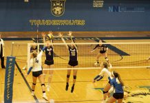 Thunderwolves show fight in setback against Mustangs Lakehead Thunderwolf Megan Nahachewsky spikes the ball into the Western Mustangs Defence
