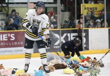 Friday Hockey Game vs Windsor Cancelled, Saturday Teddy Bear Toss a Go The Teddy Bear Toss saw 35 bags of bears collected