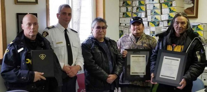 (left to right): P/C Jean DUGUAY, S/Sgt Karl DUEWEL, Chief Brennan SAINNAWAP, Dwayne BROWN, and Band Councillor Clifford BEARDY.