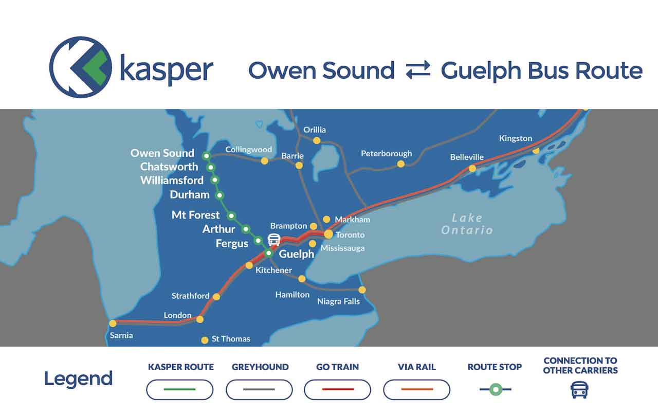 Kasper Transportation Owen Sound to Guelph route map.