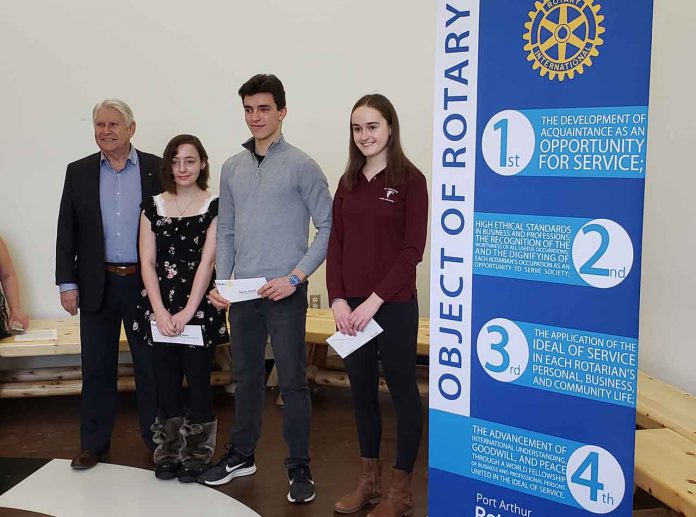 Ken Boshcoff, Rotary Essay Contest Chair, Nicole Shaw, Superior CVI, Third Place; Sonny Hamel, Nipigon-Red Rock District High School, Second Place; Isabella Bosch, St. Ignatius High School, First Place.