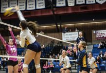 Lakehead Women’s Volleyball Home Start October 14th Hard driving spike from Windsor Lancer
