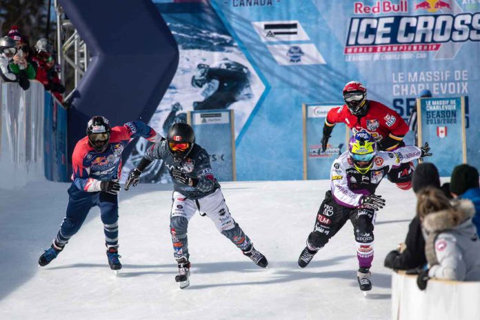 Mirko Lahti of Finland, Shayne Renaud of Canada, Joe Schaffer of the United States and Marc-Antoine Noel of Canada compete during the finals at the ATSX 500, the seventh stop of the Red Bull Ice Cross World Championship in Le Massif de Charlevoix, Canada on February 22, 2020