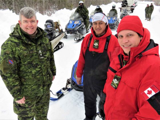 Brigadier-General Nicolas Stanton, left, with Master Corporals Nicky Desmoulines and Giiwedin Kakegabon, both of Long Lake No. 58 First Nation.