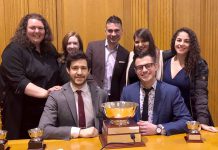 Lakehead University’s Bora Laskin Faculty of Law Earns First Place in the Sopinka Cup In front from left, are Justin Blanco and Justis Danto-Clancy, with Ashlee Hudie, Kim Young, Marco Frangione, Amanda Gallo, and Tamaira Muldoon-Davidson.