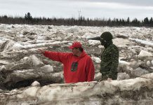 Canadian Ranger Go-Teams Assist in Spring Break-up Flood Situations Master Corporal Joe Lazarus, left, shows Corporal Randy Jones, a visiting soldier what to look for as the Albany River breaks up.