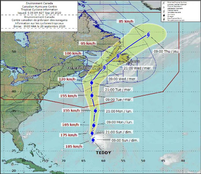 Projected track for Hurricane Teddy a powerful storm in the Atlantic Ocean