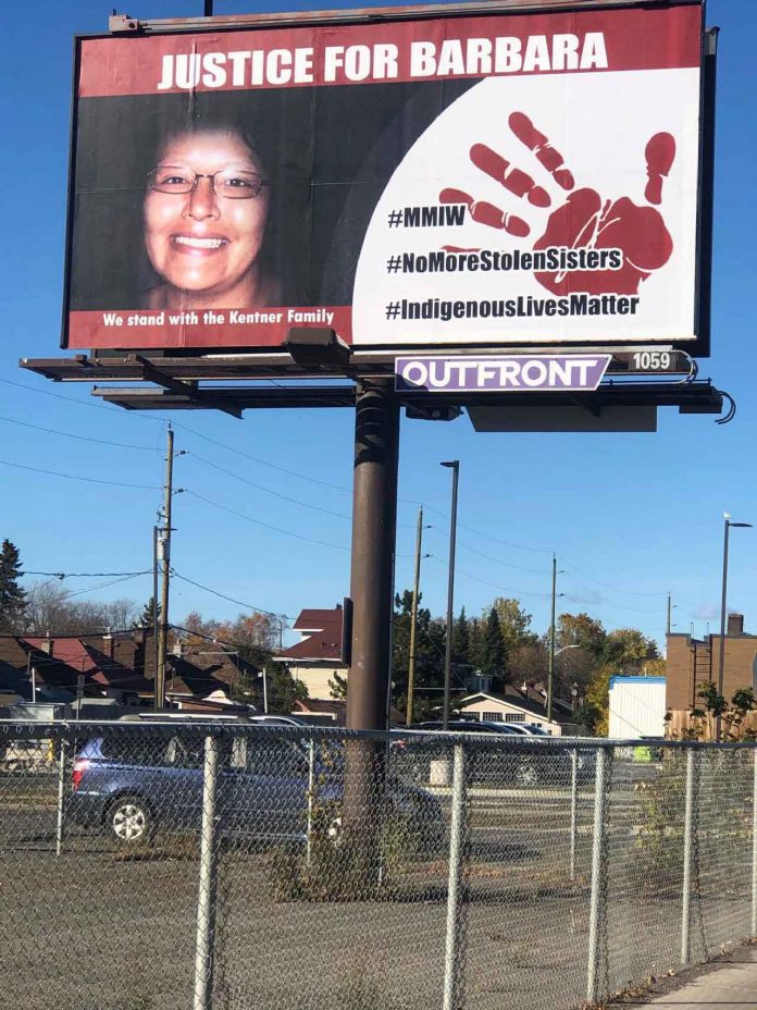 Billboard in downtown Fort William was put up by a Treaty Three member to seek justice for Barbara Kentner