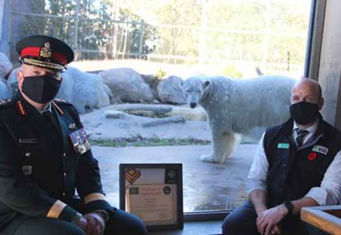 From left to right: Brigadier-General Conrad Mialkowski, Commander of 4th Canadian Division and Joint Task Force Central with Dolf DeJong, Toronto Zoo CEO; Juno the polar bear with her Certificate of Appreciation