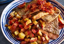 Trout with Apple, Bacon and Mashed Potatoes Crispy Skin Trout with Apples and Bacon - Image Foodland Ontario