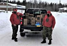 Canadian Rangers Brave Frigid Cold to Assist First Nation in COVID-19 Emergency Rangers Jody Grenier and Curtis Waboose deliver food to homes in Ginoogaming in bitter cold temperatures. credit Warrant Officer Carl Wolfe