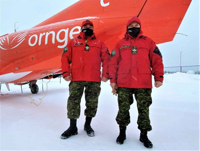 Sergeant Matthew Gull and Master Corporal Pamela Chookomoolin were part of the Canadian Ranger team assisting a medical team from Ornge during COVID vaccinations in Peawanuck. credit Master Corporal Jason Hunter