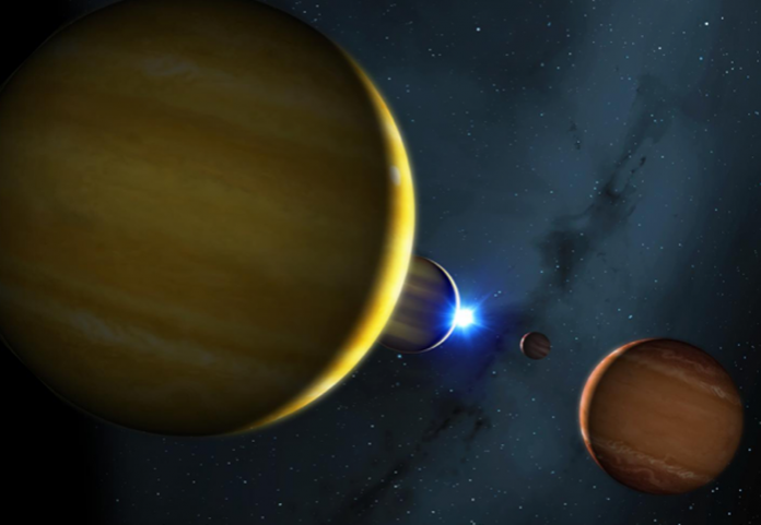 Artist's impression of the four planets of the HR 8799 system and its star