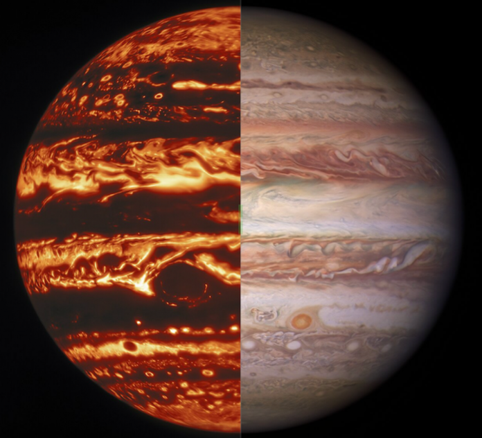 This illustration combines an image of Jupiter from the JunoCam instrument aboard NASA’s Juno spacecraft with a composite image of Earth to depict the size and depth of Jupiter’s Great Red Spot. Credits: JunoCam Image data: NASA/JPL-Caltech/SwRI/MSSS; JunoCam Image processing by Kevin M. Gill (CC BY); Earth Image: NASA