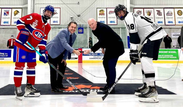 A ceremonial puck drop Friday, Nov. 12 that included GTHL chief operating officer & executive director, Scott Oakman (2nd, left) along with Thunder Bay Kings president Michael Power (3rd, left) and Kings' under-16 forward Nicholas Holomego (far right) to commence the organization's debut in the Greater Toronto Hockey League at Scotiabank Pond in Toronto. Photo courtesy GTHL.