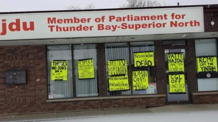 Protesters left a message for Indigenous Services Minister Patty Hajdu