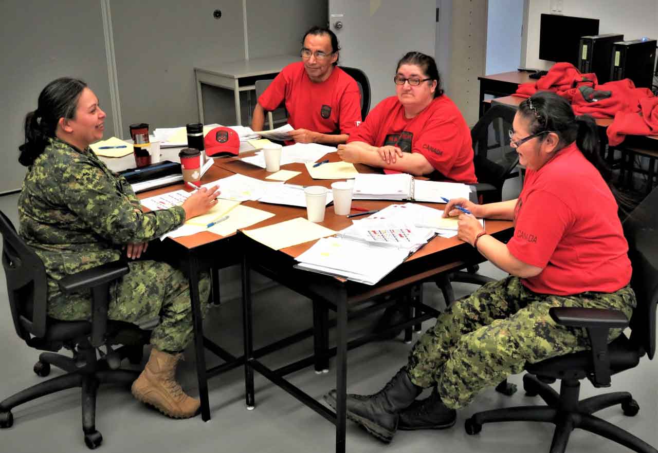 Master Corporal Kathleen Beardy, right, participates in a group training discussion in a 2020 file photo. credit Sergeant Peter Moon, Canadian Rangers