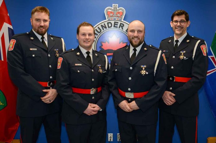 From the left: Cst. Marshall Moore, Cst. Brian Gilbert, Cst. James Lorentz, and Cst. Brooke Pilley all received an Ontario Medal for Police Bravery on Friday, April 22 during a virtual ceremony.