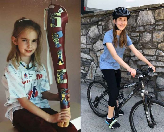 Leah showing her swim leg in 2001 (left) and today (right).