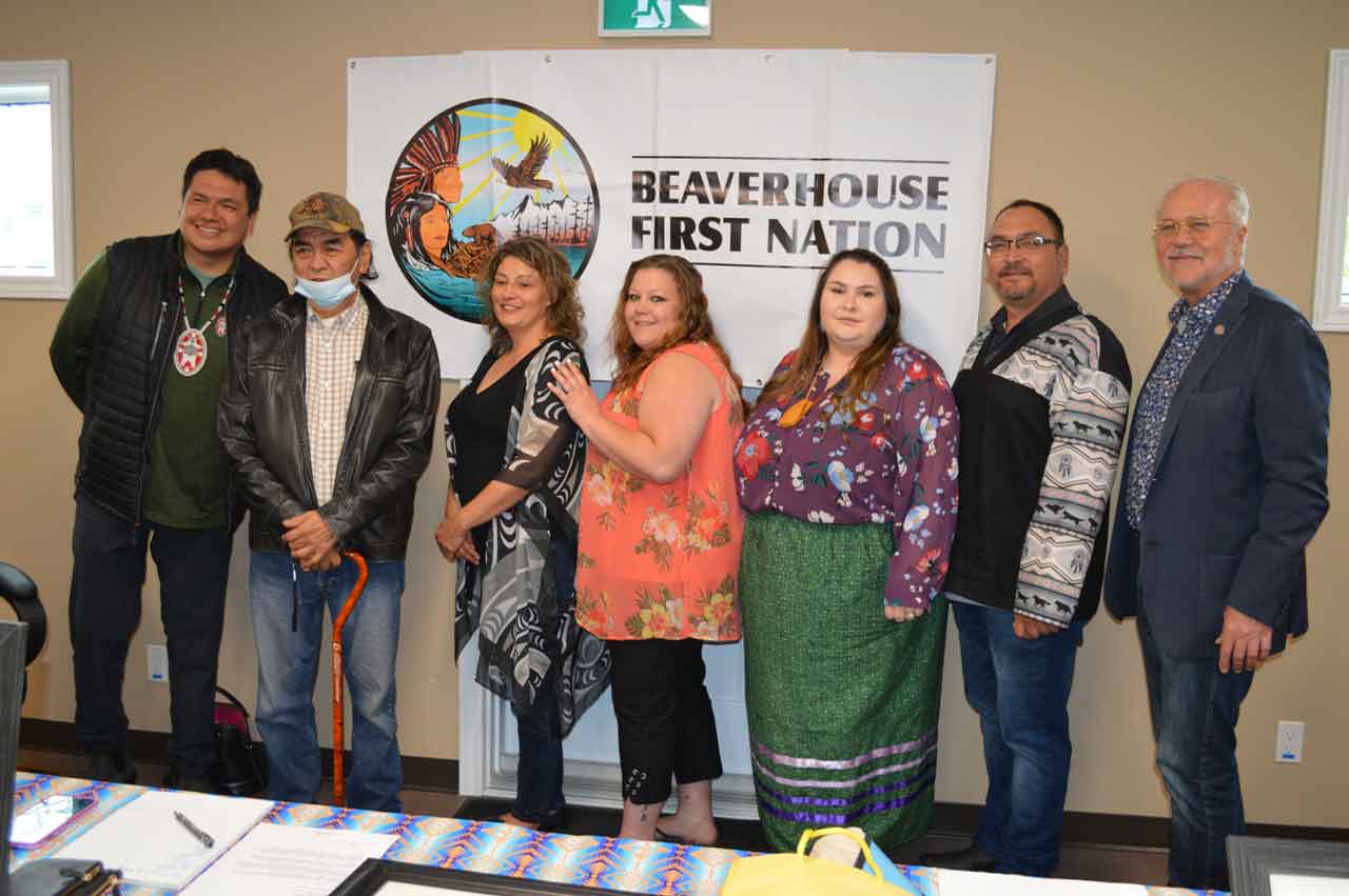 Photo by Xavier Kataquapit Past and present leaders came together to celebrate the official recognition of Beaverhouse First Nation on May 21, 2022. Pictured from L-R are: Elder Tom Wabie, Grand Chief Derek Fox, Nishnawbe-Aski Nation (NAN); Councillor Diane Meaniss, Past Chief Gloria McKenzie, Councillor Brianna Moore, Past Chief Sally Susan Mathias Martel (Marcia Brown-Martel), Councillor Kayla Batisse and Chief Wayne Wabie.