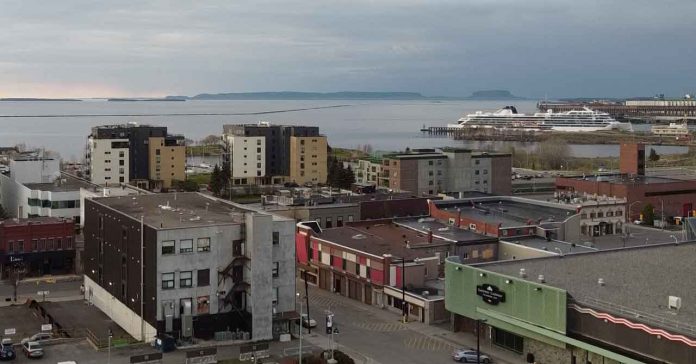 The downtown Thunder Bay waterfront looking towards Pier Six where the Viking Octantis is moored