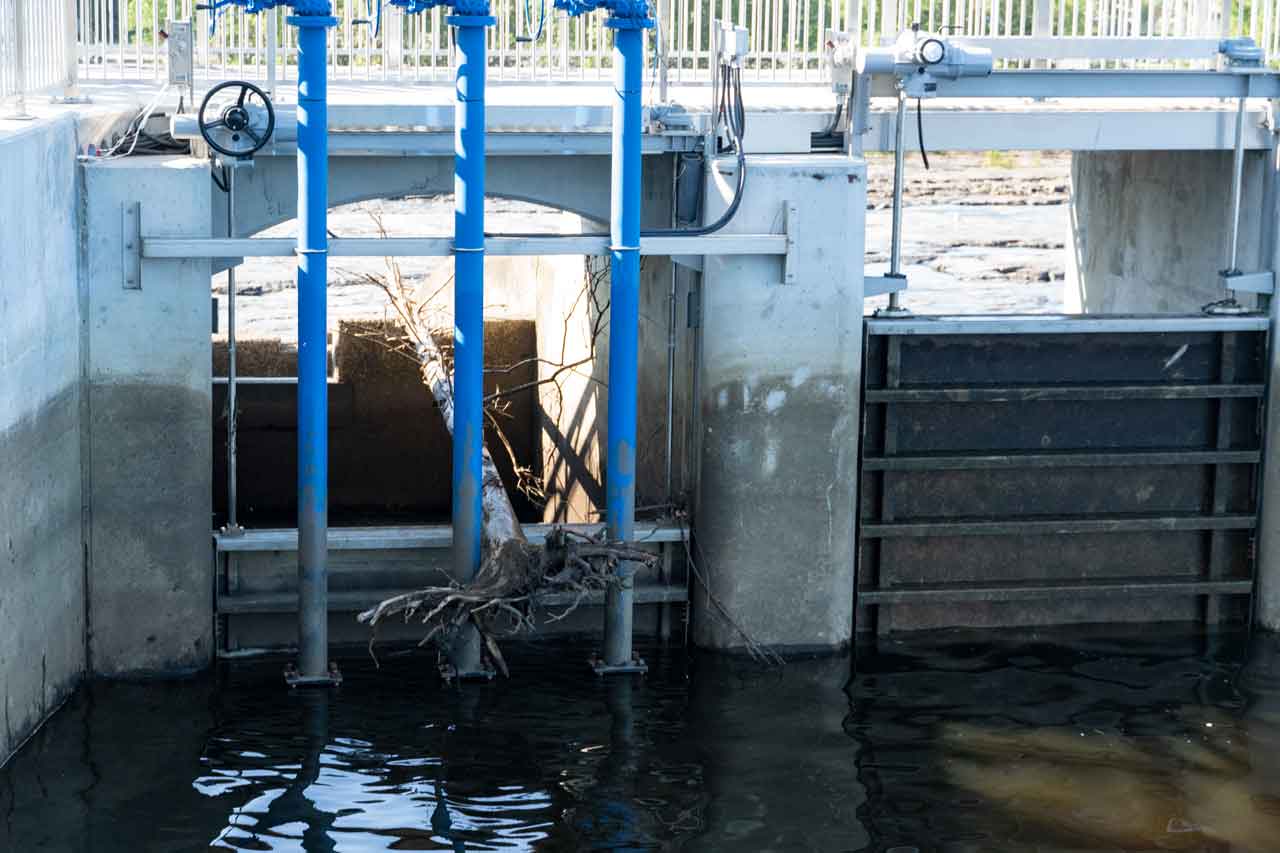 Trees appear lodged in the gates at Boulevard Lake Dam