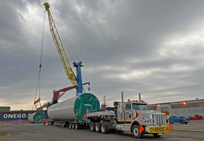 The port’s mobile harbour crane was used to offload windmill tower sections at Keefer Terminal in May.