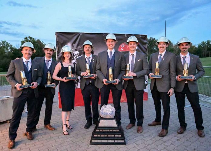 Ontario Mine Rescue 2022 provincial competition champion is Newmont Musselwhite Mine, Red Lake District, from left to right: Vice Captain Philip Mullin, Briefing Officer Ryan Lepage, Alexa Dumaine, Jimmy Sinclair, Captain Jack Lawson, Nick Gosselin, Scott Lawson, and Taylor Poling.