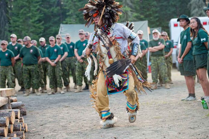 Master Corporal Donald Sutherland of Constance Lake First Nation performs a traditional dance at the opening ceremony for Camp Loon. credit Master Corporal Christopher Vernon, Canadian