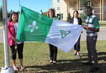 Thunder Bay Regional Health Sciences Centre Celebrates Franco-Ontarian Day (from L-R): Angelle Brunelle, Executive Director, L'Accueil Fracophone de Thunder Bay; Dr. Rhonda Crocker Ellacott, President and CEO, Thunder Bay Regional Health Sciences Centre (TBRHSC), and CEO, Thunder Bay Regional Health Research Institute; Jennifer Wintermans, Vice President, Quality and Corporate Affairs, TBRHSC; and Mouhammad Col, representing Réseau du mieux être francophone du Nord de l’Ontario (Réseau).