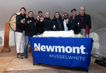 25 Years of Commercial Production at Newmont Musselwhite Mine From L-R: John Mullally, Country Manager, Senior Director Sustainability & External Relations; Chief Eddie Mamakwa, Kingfisher First Nation; Shane Matson, Sustainability & External Relations Manager, Newmont Musselwhite Mine; Bill Mauro, Thunder Bay Mayor; Frank McKay, CEO, Windigo First Nation Council, Sol Mamakwa, Member of Provincial Parliament – Kiiwetinoong; Mark Kiessling, General Manager, Newmont Musselwhite; Matthew Angees, Shibogama First Nation Council