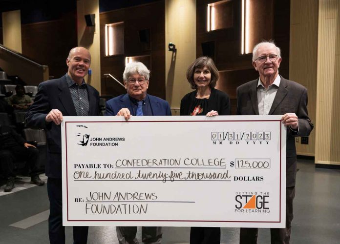 Alexander Paterson, Allan McKitrick and Dr. Don Henderson of the John Andrews Foundation, with Confederation College President, Kathleen Lynch