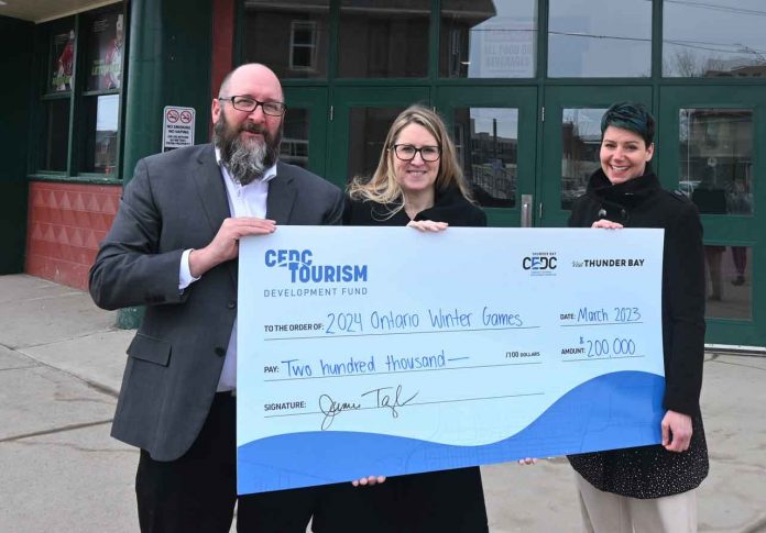 (left to right) Paul Pepe (Manager of Tourism Thunder Bay, CEDC), Jamie Taylor (CEO, CEDC), Tracie Smith (Co-Chair, 2024 Ontario Winter Games)